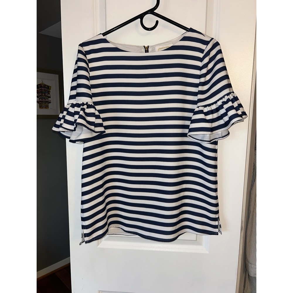Sail To Sable (STS) Womens Navy Blue/White Striped Short Sleeve Shirt Size M